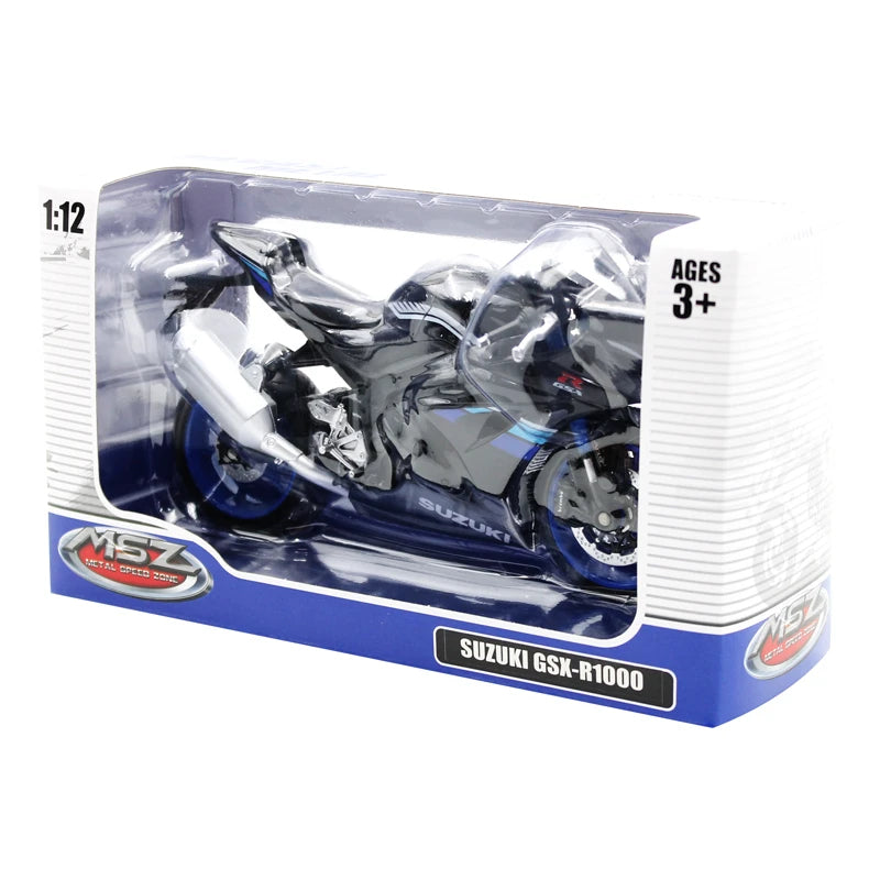 1:12 Suzuki GSX-R1000 Diecast Motorcycle Model, Black Blue Sport Bike Alloy Miniature Collectible for Racing Fans