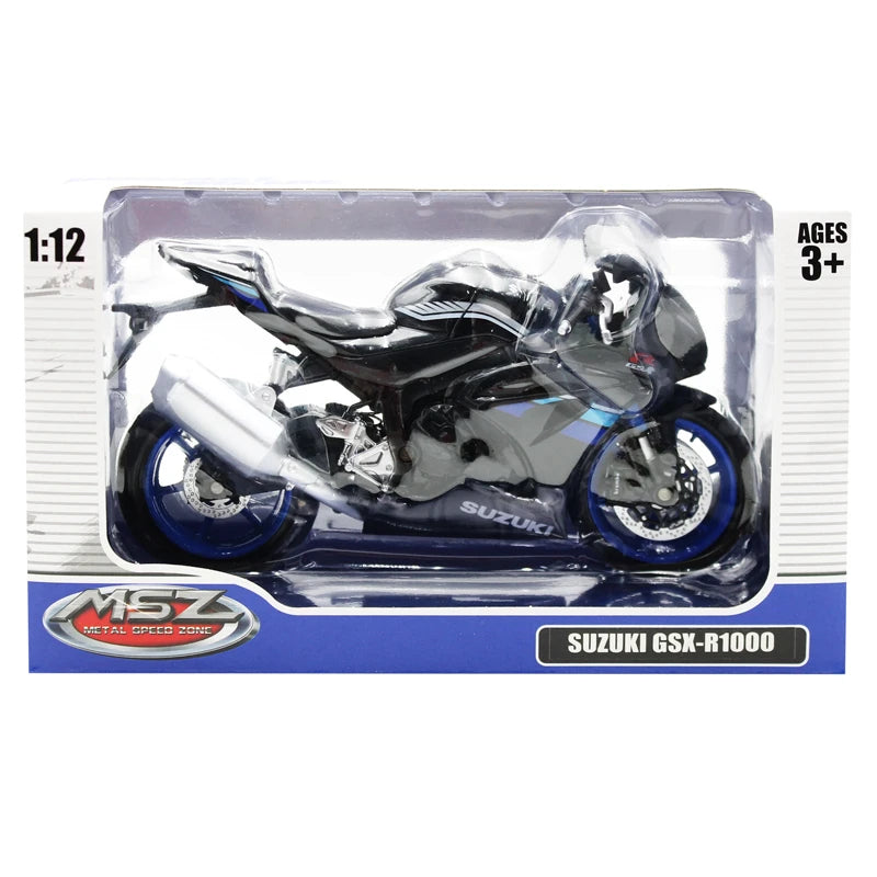 1:12 Suzuki GSX-R1000 Diecast Motorcycle Model, Black Blue Sport Bike Alloy Miniature Collectible for Racing Fans