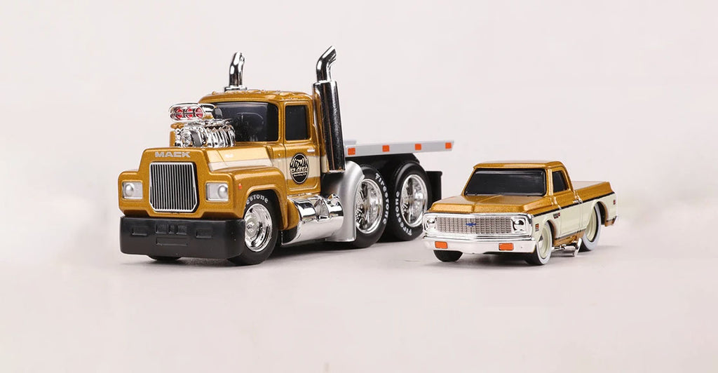 1:64 1980 Mack A685ST Flatbed Truck with 1972 Chevy C10 Diecast Model, Muscle Transport Alloy Miniature Collectible Set
