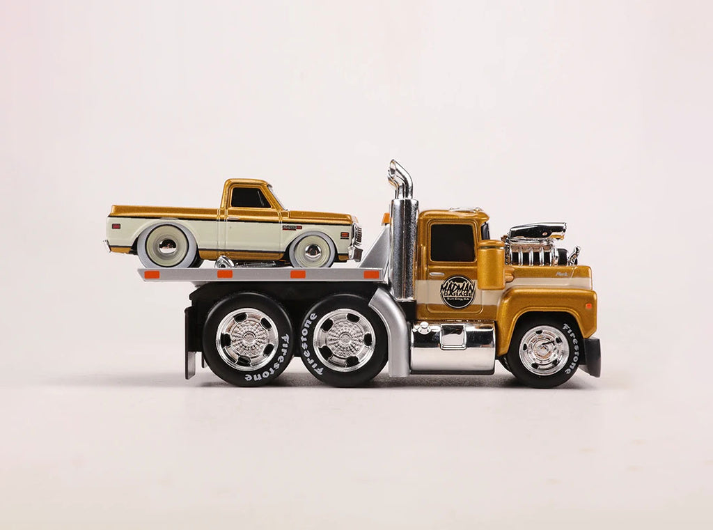 1:64 1980 Mack A685ST Flatbed Truck with 1972 Chevy C10 Diecast Model, Muscle Transport Alloy Miniature Collectible Set