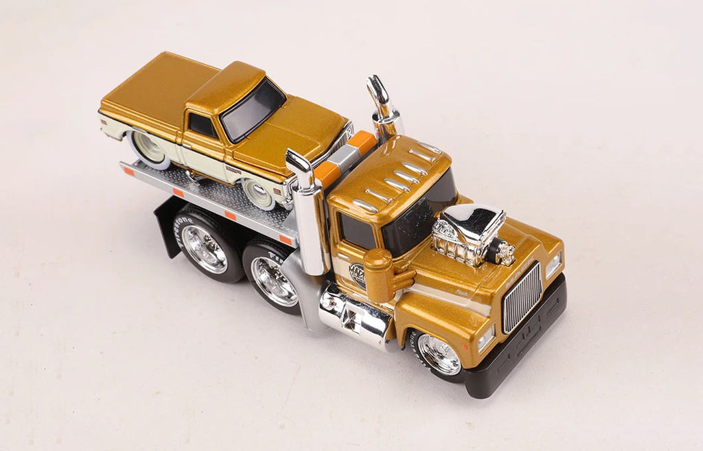 1:64 1980 Mack A685ST Flatbed Truck with 1972 Chevy C10 Diecast Model, Muscle Transport Alloy Miniature Collectible Set