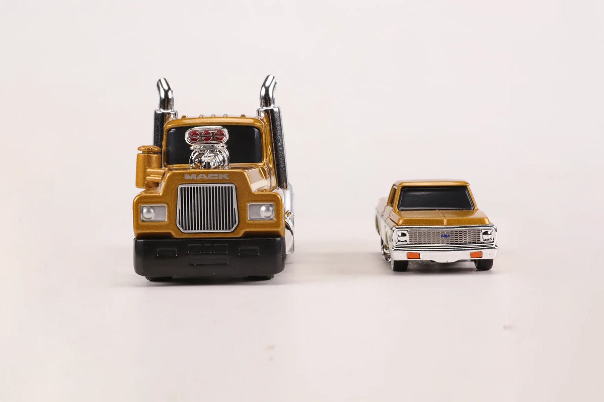 1:64 1980 Mack A685ST Flatbed Truck with 1972 Chevy C10 Diecast Model, Muscle Transport Alloy Miniature Collectible Set