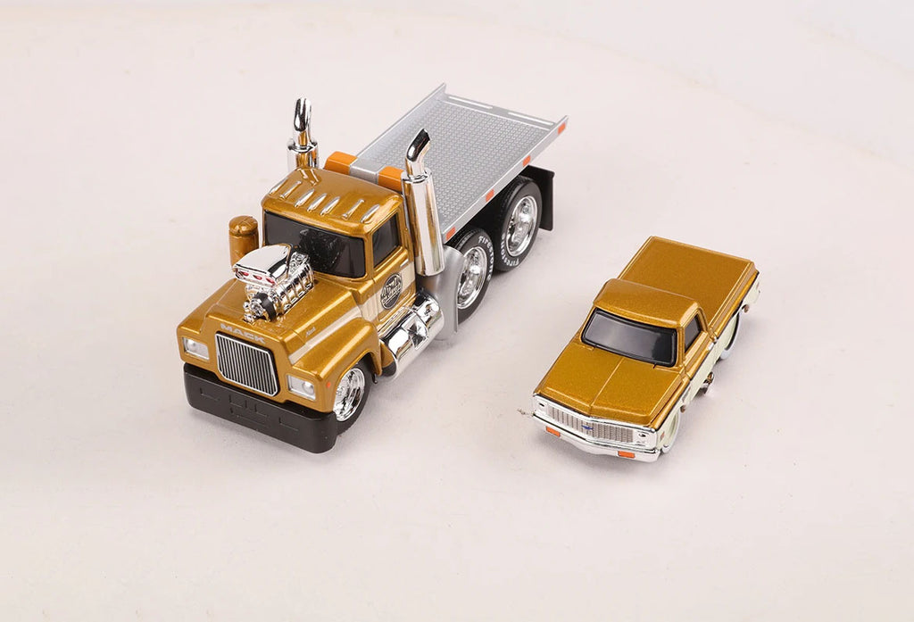 1:64 1980 Mack A685ST Flatbed Truck with 1972 Chevy C10 Diecast Model, Muscle Transport Alloy Miniature Collectible Set