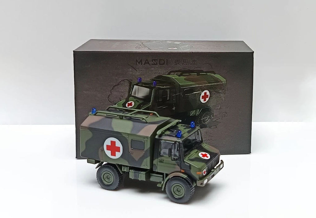 1:64 Mercedes Unimog U1300L Army Ambulance Diecast Model Truck, Military Rescue Vehicle Miniature Collectible