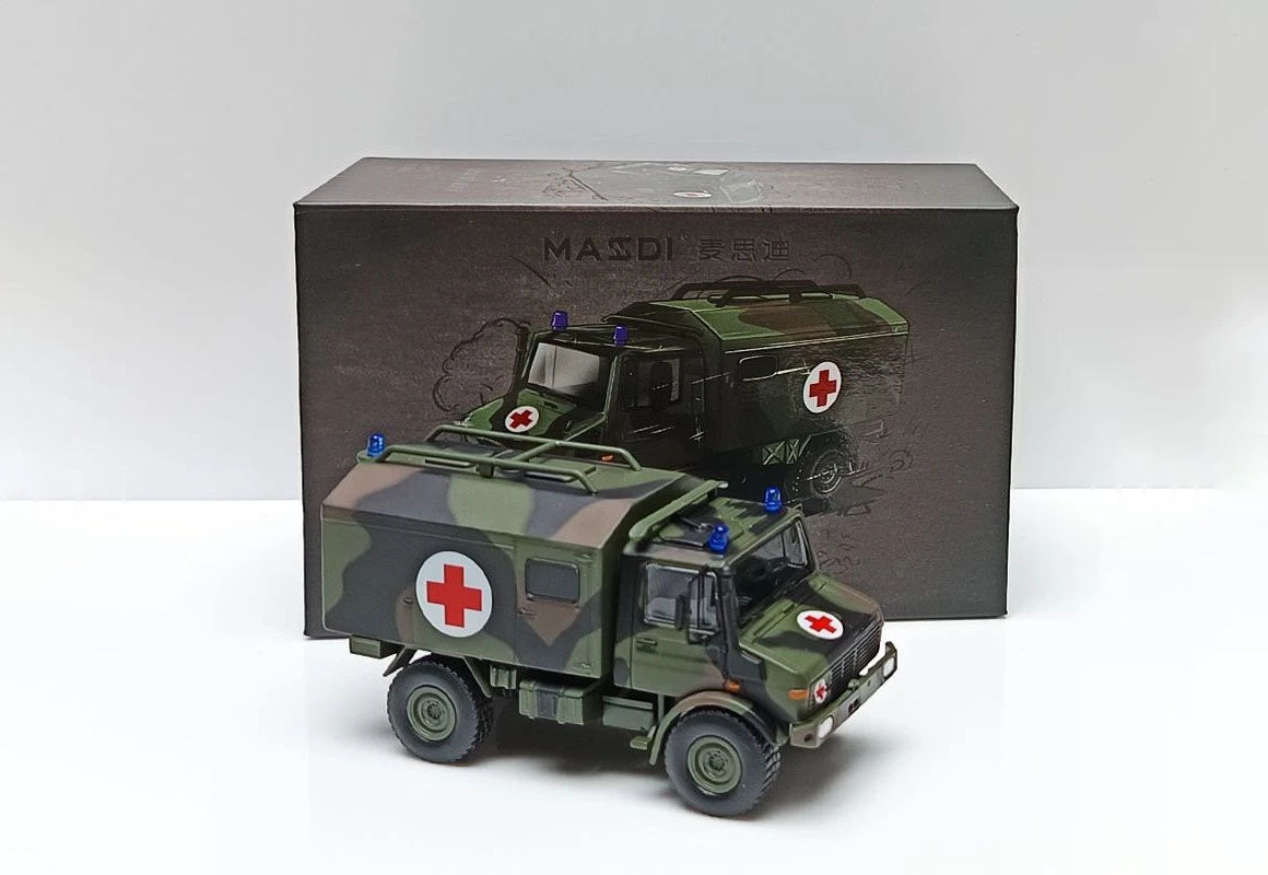 1:64 Mercedes Unimog U1300L Army Ambulance Diecast Model Truck, Military Rescue Vehicle Miniature Collectible
