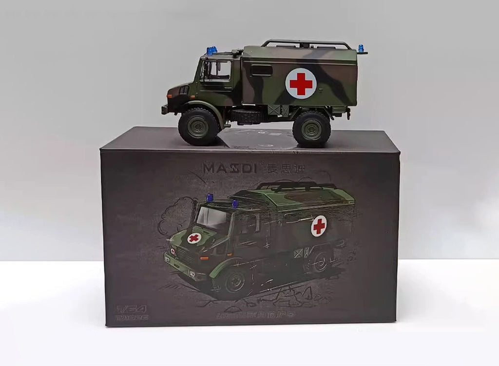 1:64 Mercedes Unimog U1300L Army Ambulance Diecast Model Truck, Military Rescue Vehicle Miniature Collectible