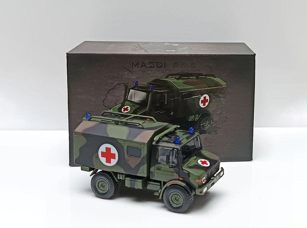 1:64 Mercedes Unimog U1300L Army Ambulance Diecast Model Truck, Military Rescue Vehicle Miniature Collectible