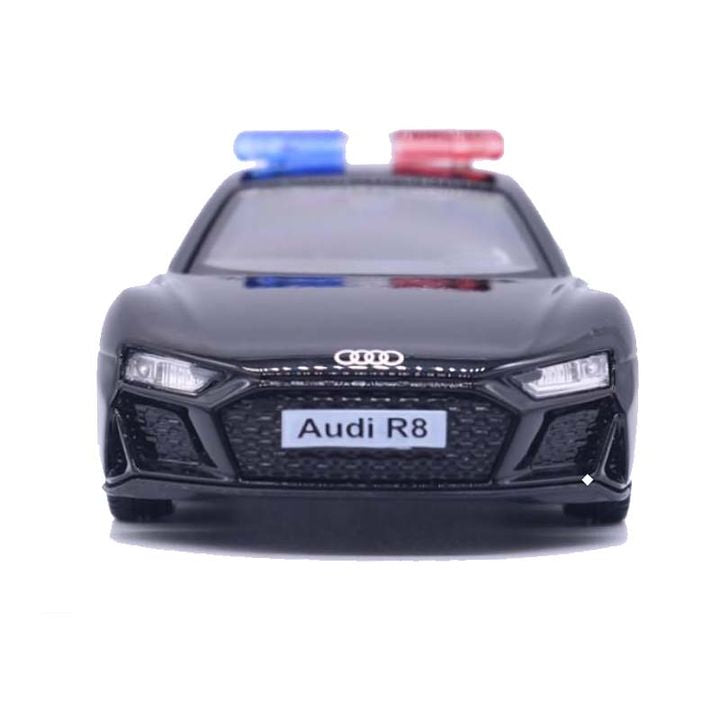 1:32 Audi R8 Coupe Police Diecast Car Model, Black Alloy Miniature with Opening Doors & LED Lights for Collectors