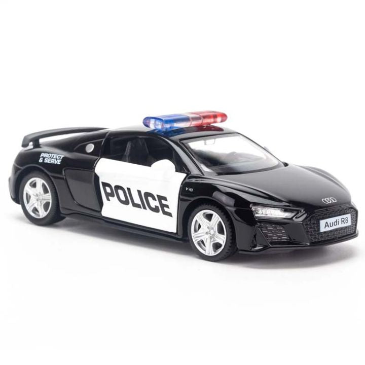 1:32 Audi R8 Coupe Police Diecast Car Model, Black Alloy Miniature with Opening Doors & LED Lights for Collectors