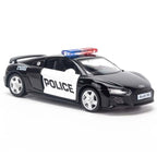 1:32 Audi R8 Coupe Police Diecast Car Model, Black Alloy Miniature with Opening Doors & LED Lights for Collectors