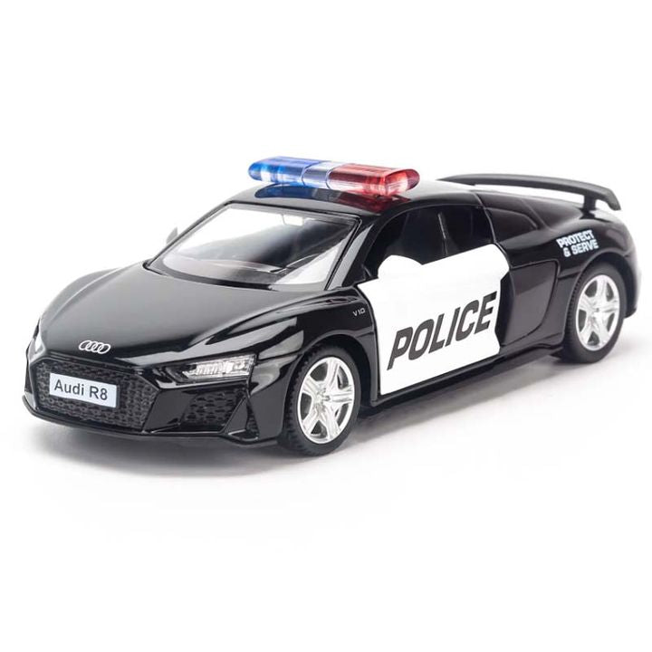 1:32 Audi R8 Coupe Police Diecast Car Model, Black Alloy Miniature with Opening Doors & LED Lights for Collectors