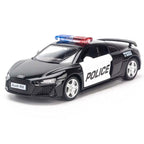 1:32 Audi R8 Coupe Police Diecast Car Model, Black Alloy Miniature with Opening Doors & LED Lights for Collectors