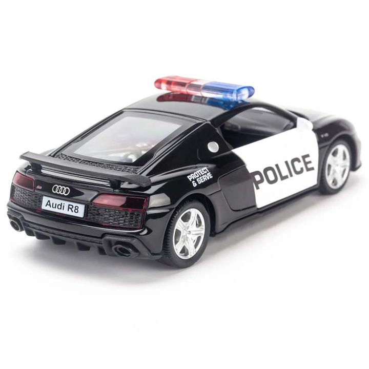 1:32 Audi R8 Coupe Police Diecast Car Model, Black Alloy Miniature with Opening Doors & LED Lights for Collectors
