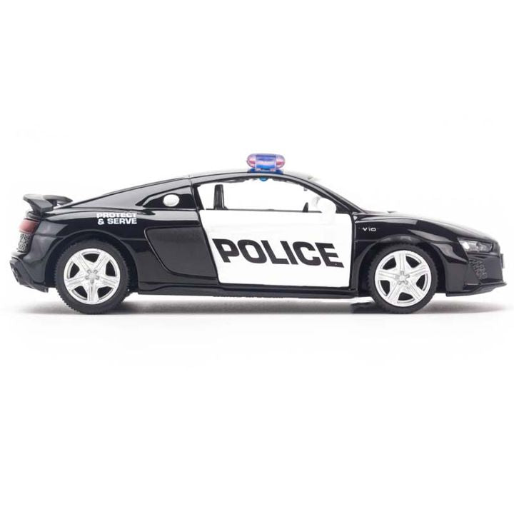 1:32 Audi R8 Coupe Police Diecast Car Model, Black Alloy Miniature with Opening Doors & LED Lights for Collectors