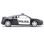 1:32 Audi R8 Coupe Police Diecast Car Model, Black Alloy Miniature with Opening Doors & LED Lights for Collectors