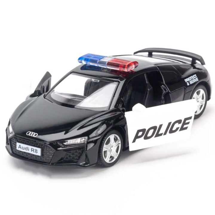 1:32 Audi R8 Coupe Police Diecast Car Model, Black Alloy Miniature with Opening Doors & LED Lights for Collectors