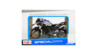 1:18 BMW R 1250 GS Rallye Diecast Motorcycle Model, White Blue Adventure Bike Alloy & Plastic Miniature for Collectors