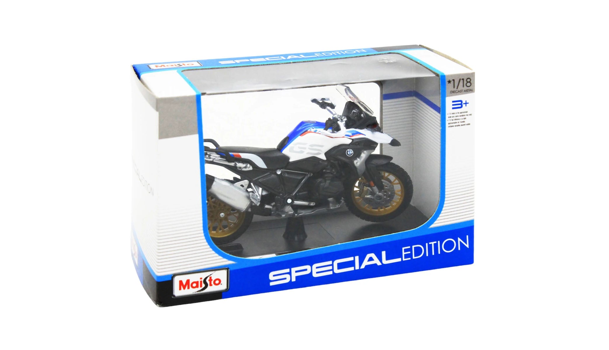 1:18 BMW R 1250 GS Rallye Diecast Motorcycle Model, White Blue Adventure Bike Alloy & Plastic Miniature for Collectors