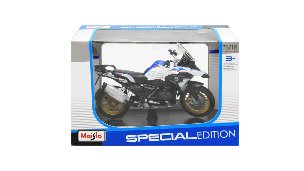 1:18 BMW R 1250 GS Rallye Diecast Motorcycle Model, White Blue Adventure Bike Alloy & Plastic Miniature for Collectors