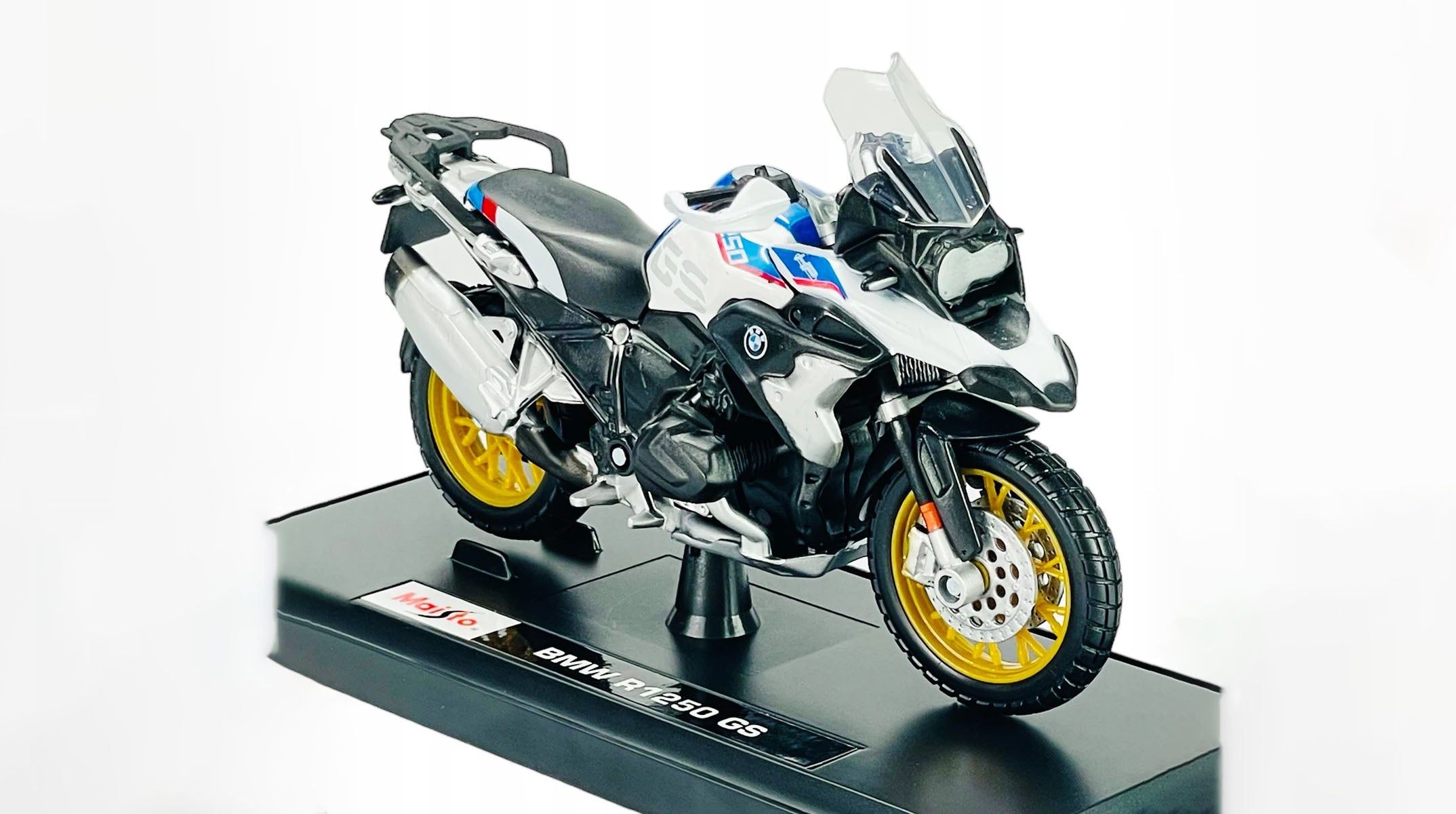 1:18 BMW R 1250 GS Rallye Diecast Motorcycle Model, White Blue Adventure Bike Alloy & Plastic Miniature for Collectors