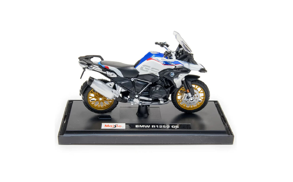 1:18 BMW R 1250 GS Rallye Diecast Motorcycle Model, White Blue Adventure Bike Alloy & Plastic Miniature for Collectors