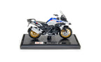 1:18 BMW R 1250 GS Rallye Diecast Motorcycle Model, White Blue Adventure Bike Alloy & Plastic Miniature for Collectors