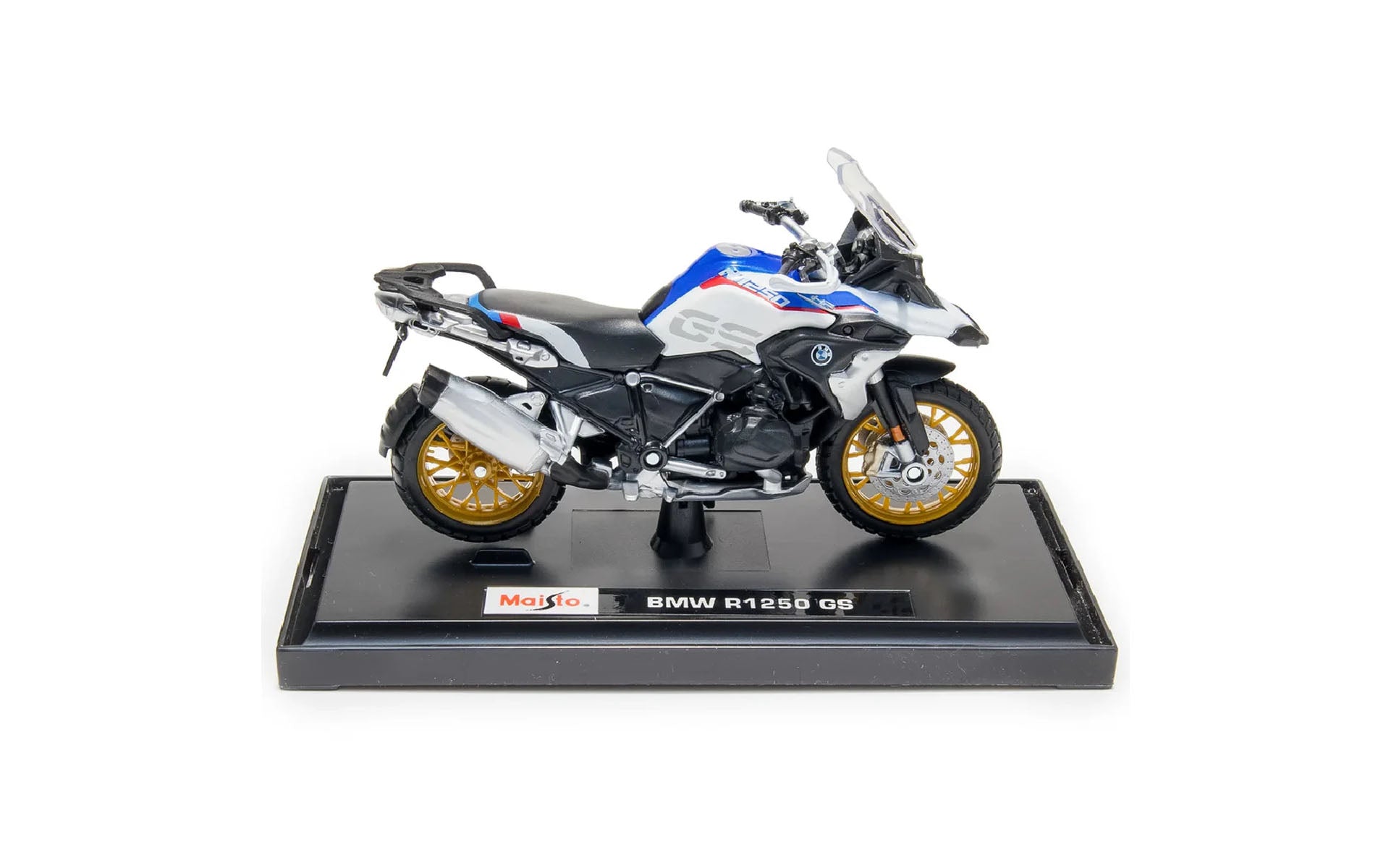1:18 BMW R 1250 GS Rallye Diecast Motorcycle Model, White Blue Adventure Bike Alloy & Plastic Miniature for Collectors