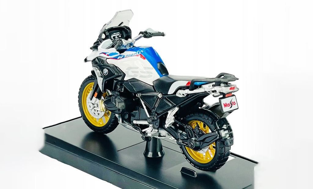 1:18 BMW R 1250 GS Rallye Diecast Motorcycle Model, White Blue Adventure Bike Alloy & Plastic Miniature for Collectors