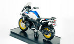 1:18 BMW R 1250 GS Rallye Diecast Motorcycle Model, White Blue Adventure Bike Alloy & Plastic Miniature for Collectors