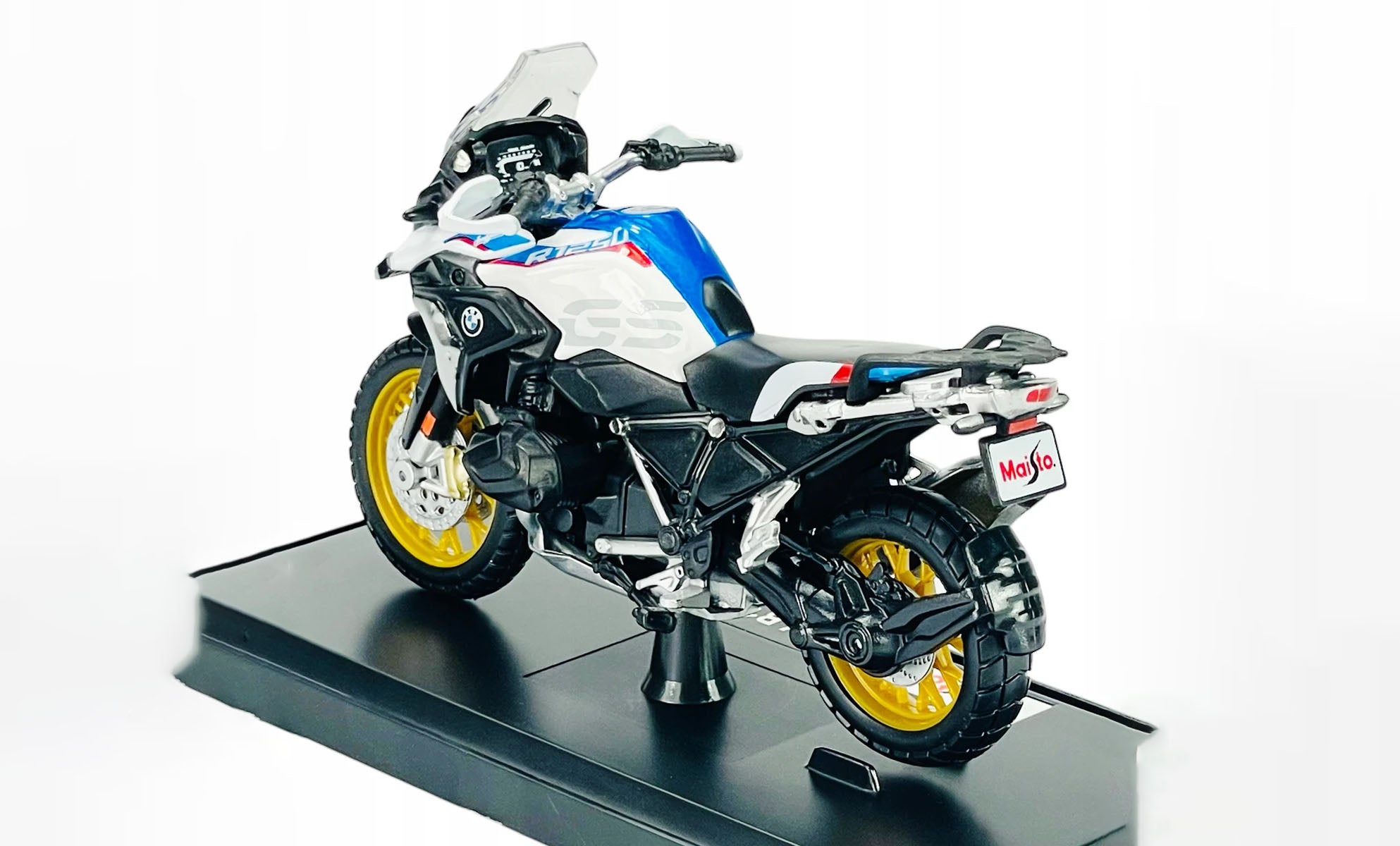 1:18 BMW R 1250 GS Rallye Diecast Motorcycle Model, White Blue Adventure Bike Alloy & Plastic Miniature for Collectors