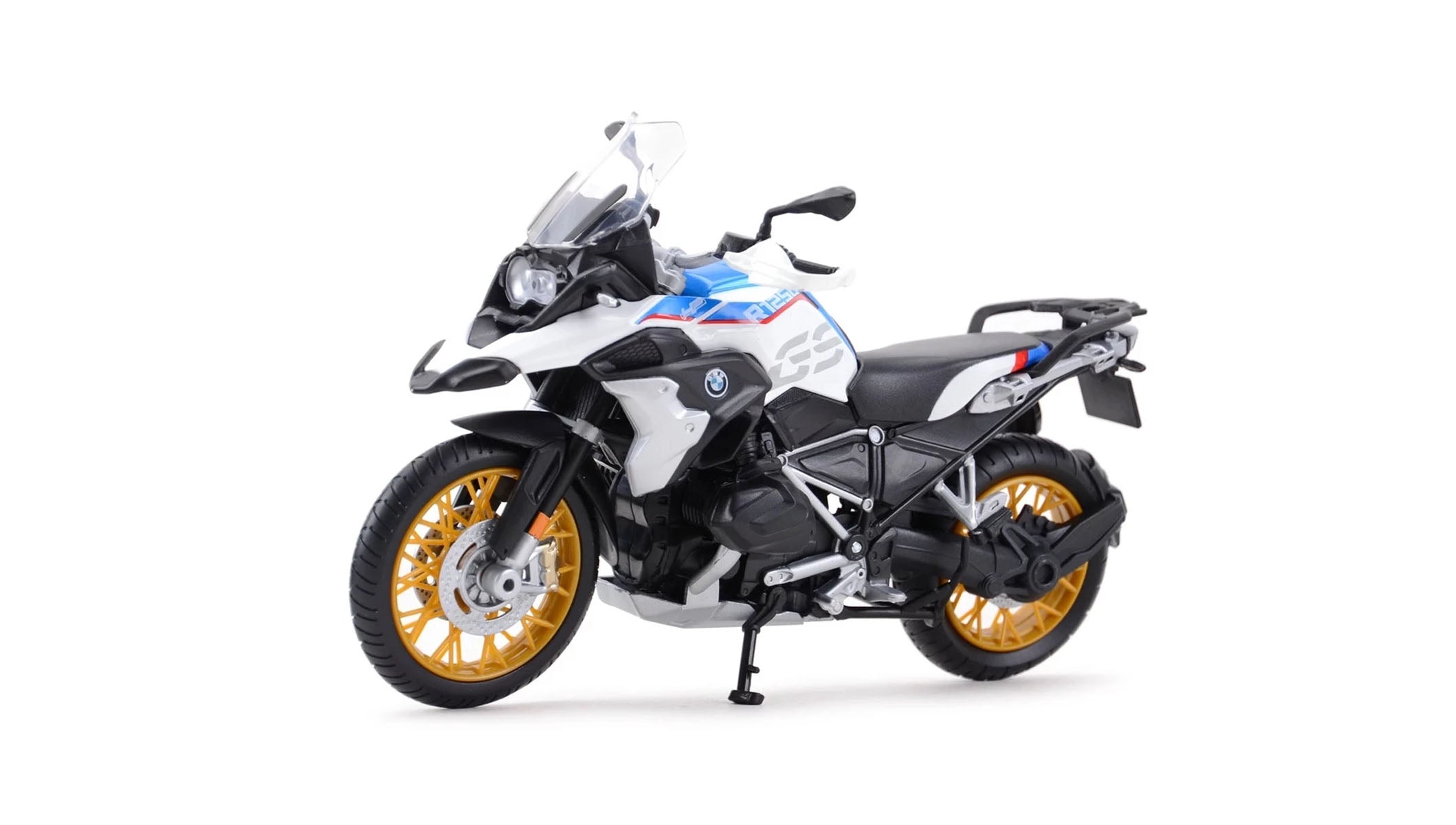 1:18 BMW R 1250 GS Rallye Diecast Motorcycle Model, White Blue Adventure Bike Alloy & Plastic Miniature for Collectors