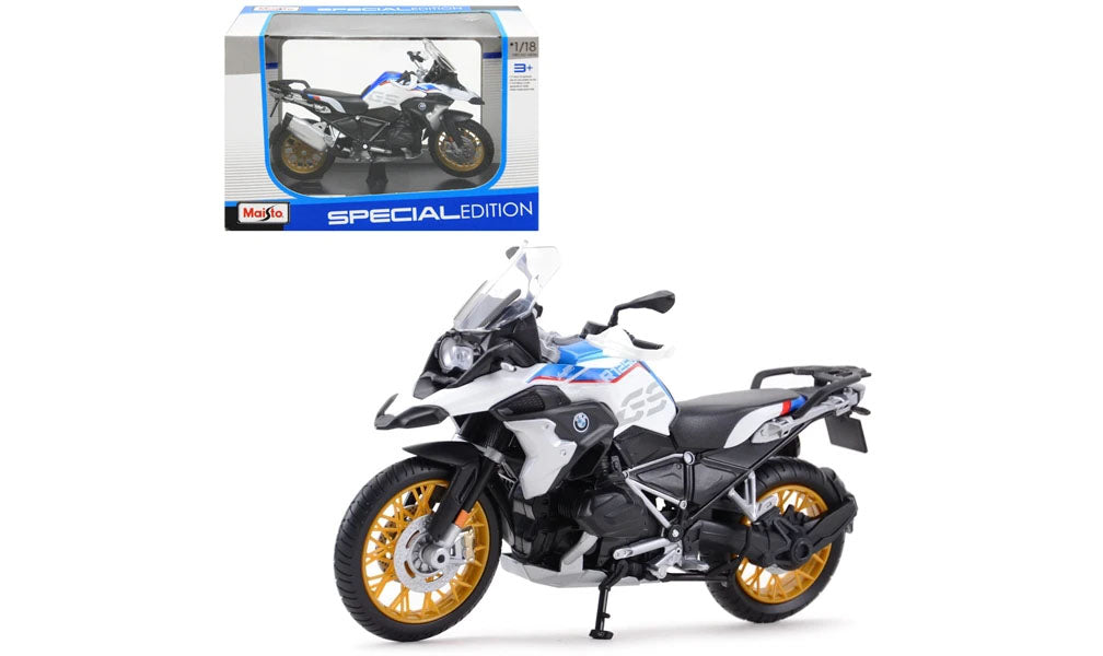 1:18 BMW R 1250 GS Rallye Diecast Motorcycle Model, White Blue Adventure Bike Alloy & Plastic Miniature for Collectors