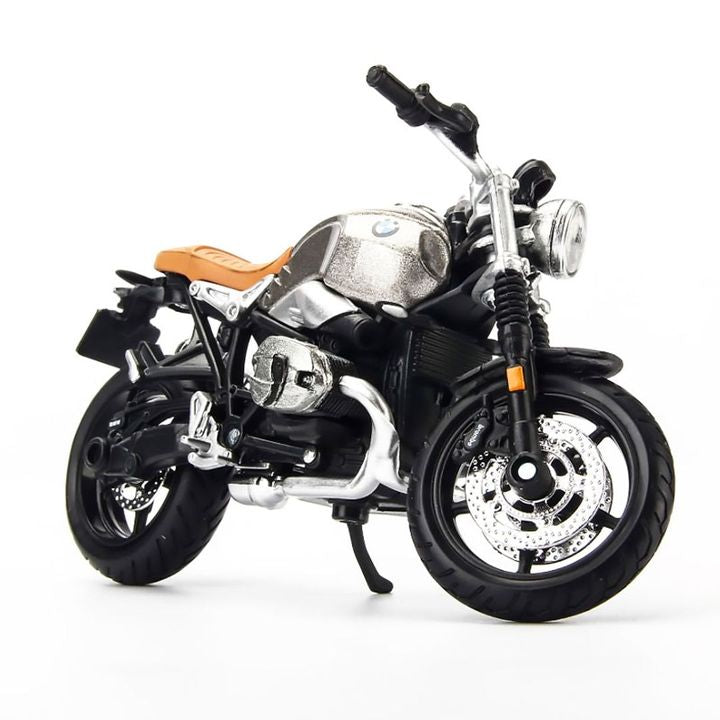 1:18 BMW R nineT Scrambler Diecast Motorcycle Model, Silver Alloy & Plastic Classic Miniature for Collectors