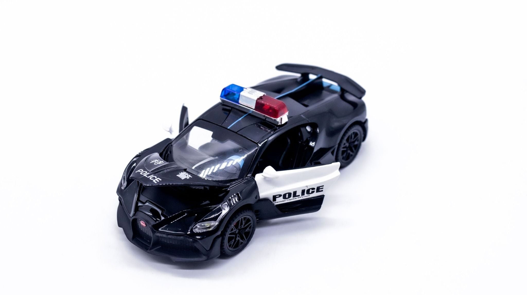 1:32 Bugatti Divo Police Diecast Car Model, Black Supercar Alloy Miniature with Opening Doors & LED Lights