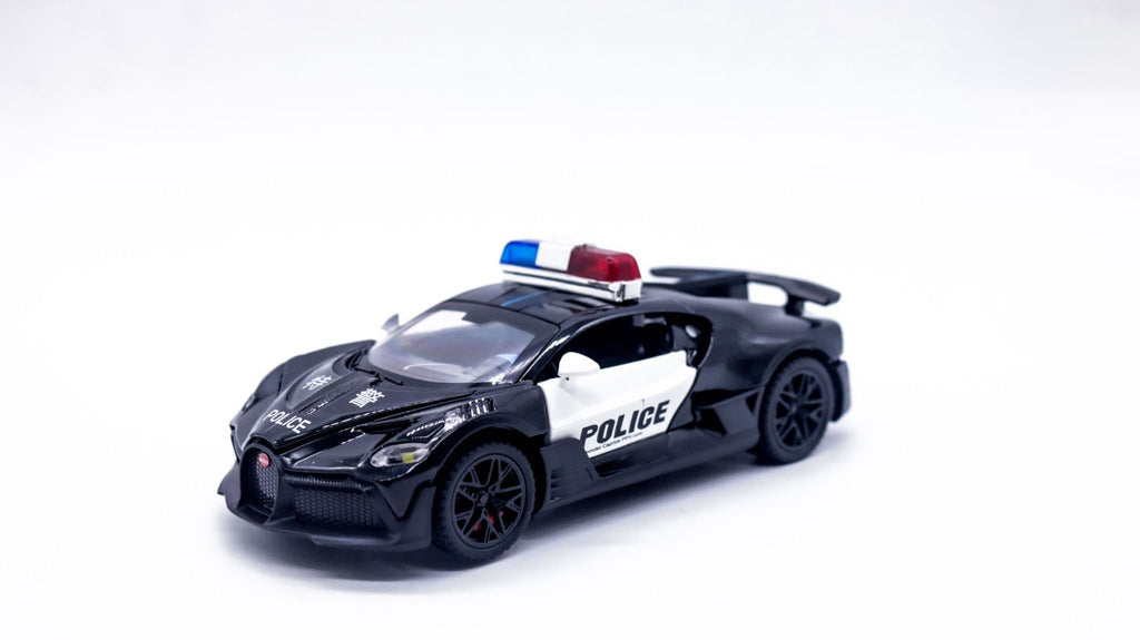 1:32 Bugatti Divo Police Diecast Car Model, Black Supercar Alloy Miniature with Opening Doors & LED Lights