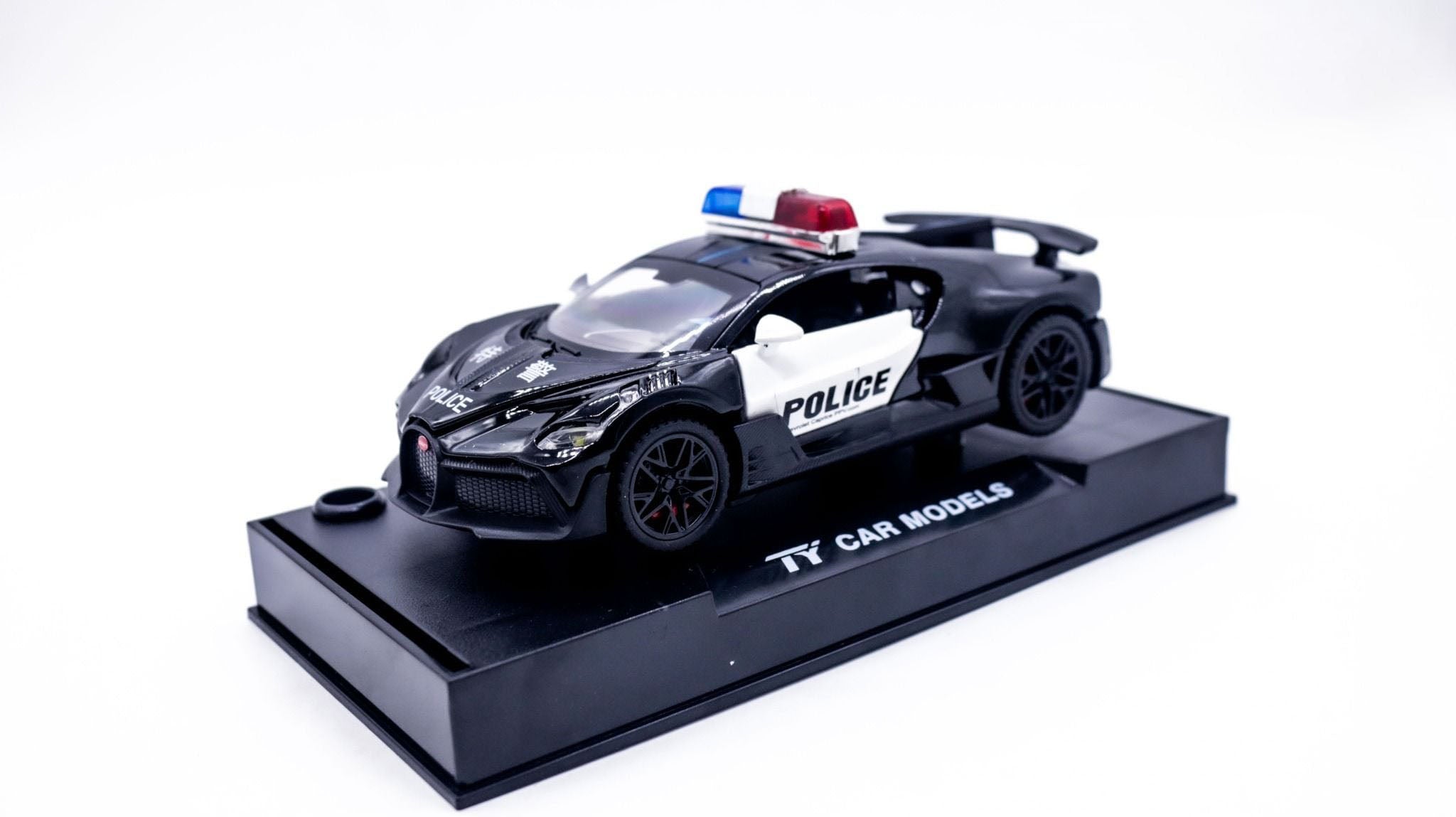 1:32 Bugatti Divo Police Diecast Car Model, Black Supercar Alloy Miniature with Opening Doors & LED Lights