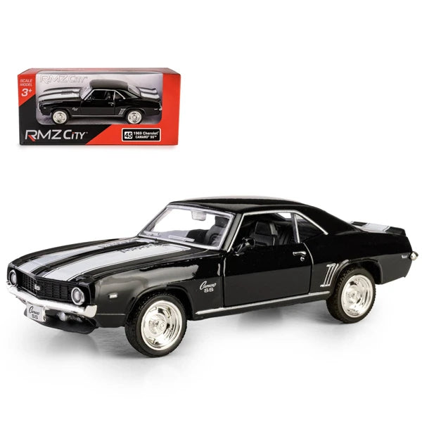 1:32 RMZ City 1969 Chevrolet Camaro SS Diecast Car Model, Classic Black Pull Back Muscle Car Miniature for Vintage Car Collectors