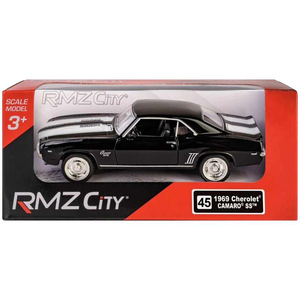 1:32 RMZ City 1969 Chevrolet Camaro SS Diecast Car Model, Classic Black Pull Back Muscle Car Miniature for Vintage Car Collectors