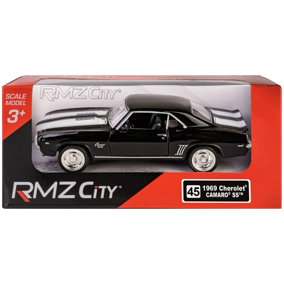 1:32 RMZ City 1969 Chevrolet Camaro SS Diecast Car Model, Classic Black Pull Back Muscle Car Miniature for Vintage Car Collectors