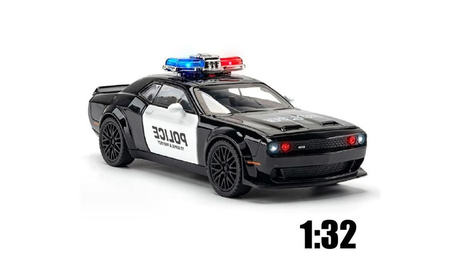 1:32 Dodge Challenger SRT Hellcat Police Diecast Car Model, Black White Alloy Miniature with LED Lights for Collectors