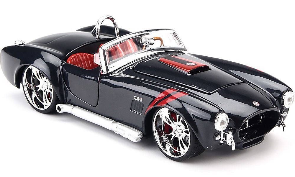 1:24 1965 Shelby Cobra 427 Modified Diecast Car Model, Black Red Custom Alloy Roadster Miniature for Muscle Car Collectors