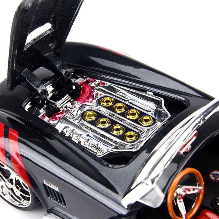 1:24 1965 Shelby Cobra 427 Modified Diecast Car Model, Black Red Custom Alloy Roadster Miniature for Muscle Car Collectors