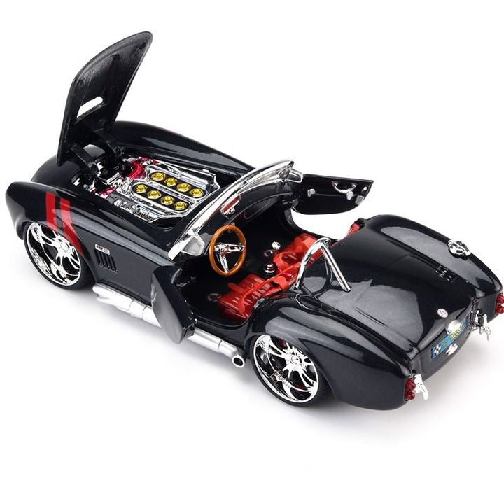 1:24 1965 Shelby Cobra 427 Modified Diecast Car Model, Black Red Custom Alloy Roadster Miniature for Muscle Car Collectors